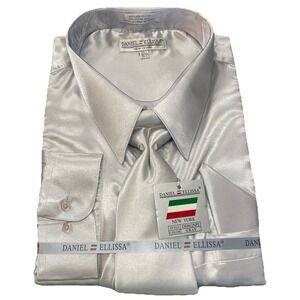 Men's Daniel Ellissa Silver Button Down Shirt Matching Tie Size 20.5 NEW